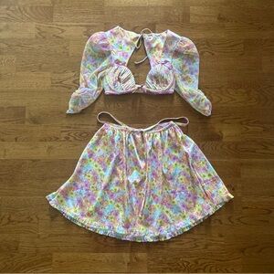 For Love & Lemons Pink Punch Skirt Set Crop Bra Top Puff Floral XXS Pastel sheer